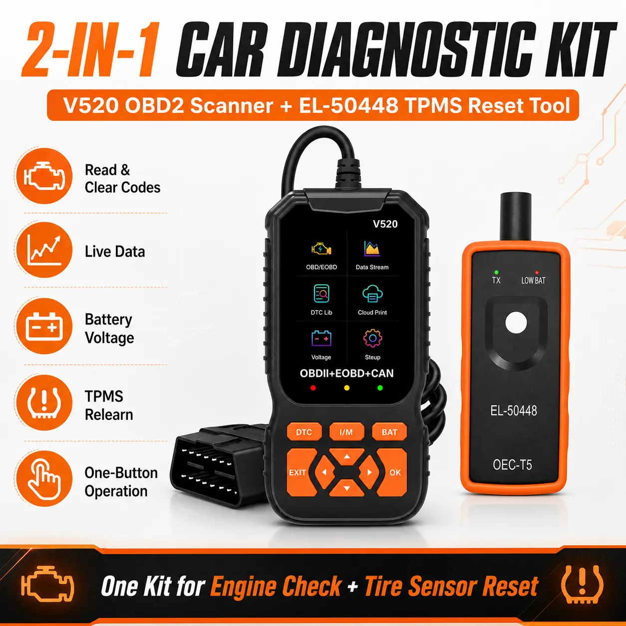 V520 OBD2 Scanner and EL-50448 TPMS Relearn Tool Combo Kit, Car Engine Code Reader with Read/Clear Codes, Live Data, Battery Voltage and Tire Sensor Reset Support