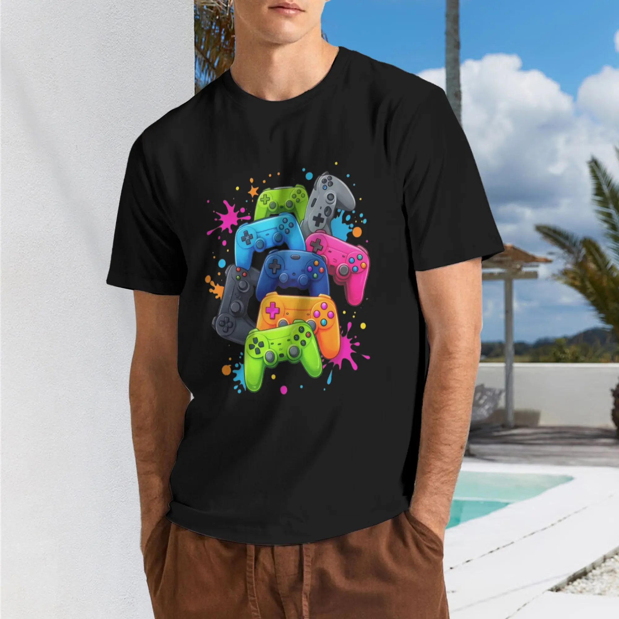 Men's Retro Gaming T-Shirt with Controller Graphic, Short Sleeve Round Neck Casual Statement Apparel, Gift for Gamers, Tops, Shortsleeve, Menswear, Cotton, Retro Look, Gaming Theme, Machine Wash, Year-Round, 2Xl