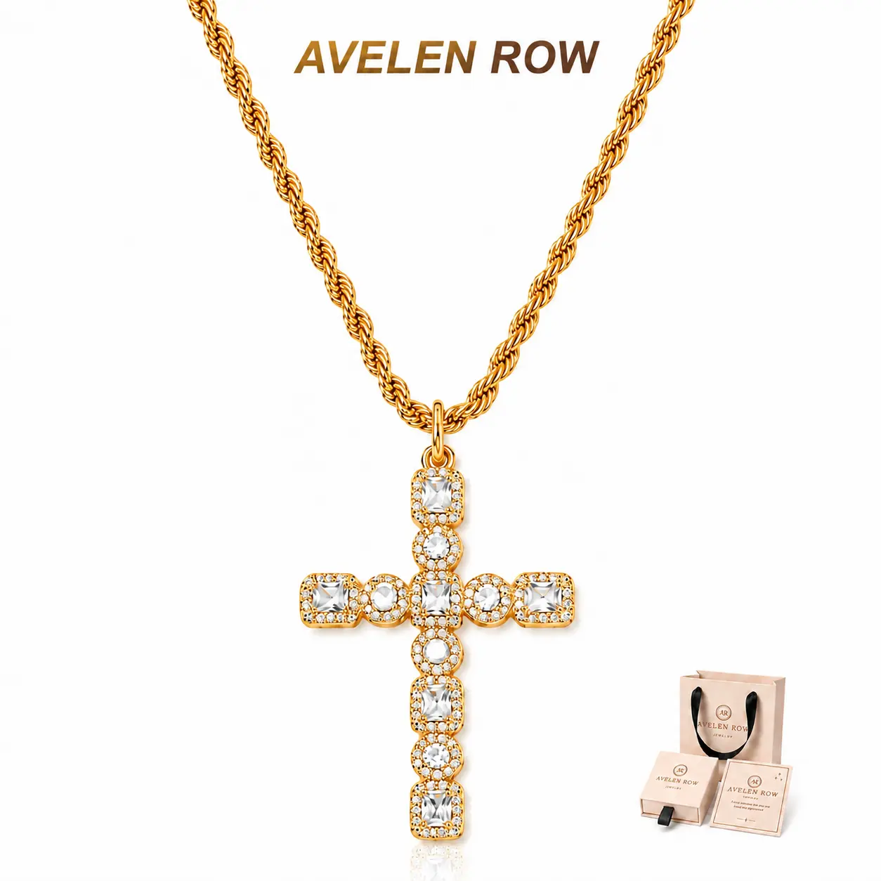 Gold Cross Necklace for Women, Sparkling Cross Pendant on Twisted Rope Chain, Christian Faith Jewelry Gift Set with Box
