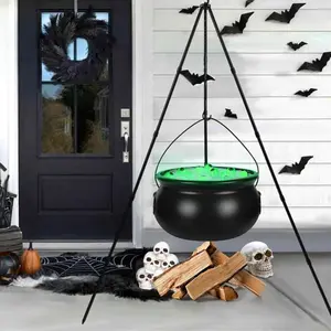 Black Plastic Witches Cauldron with String Lights - Large Halloween Party Bowl for Home & Porch Decoration