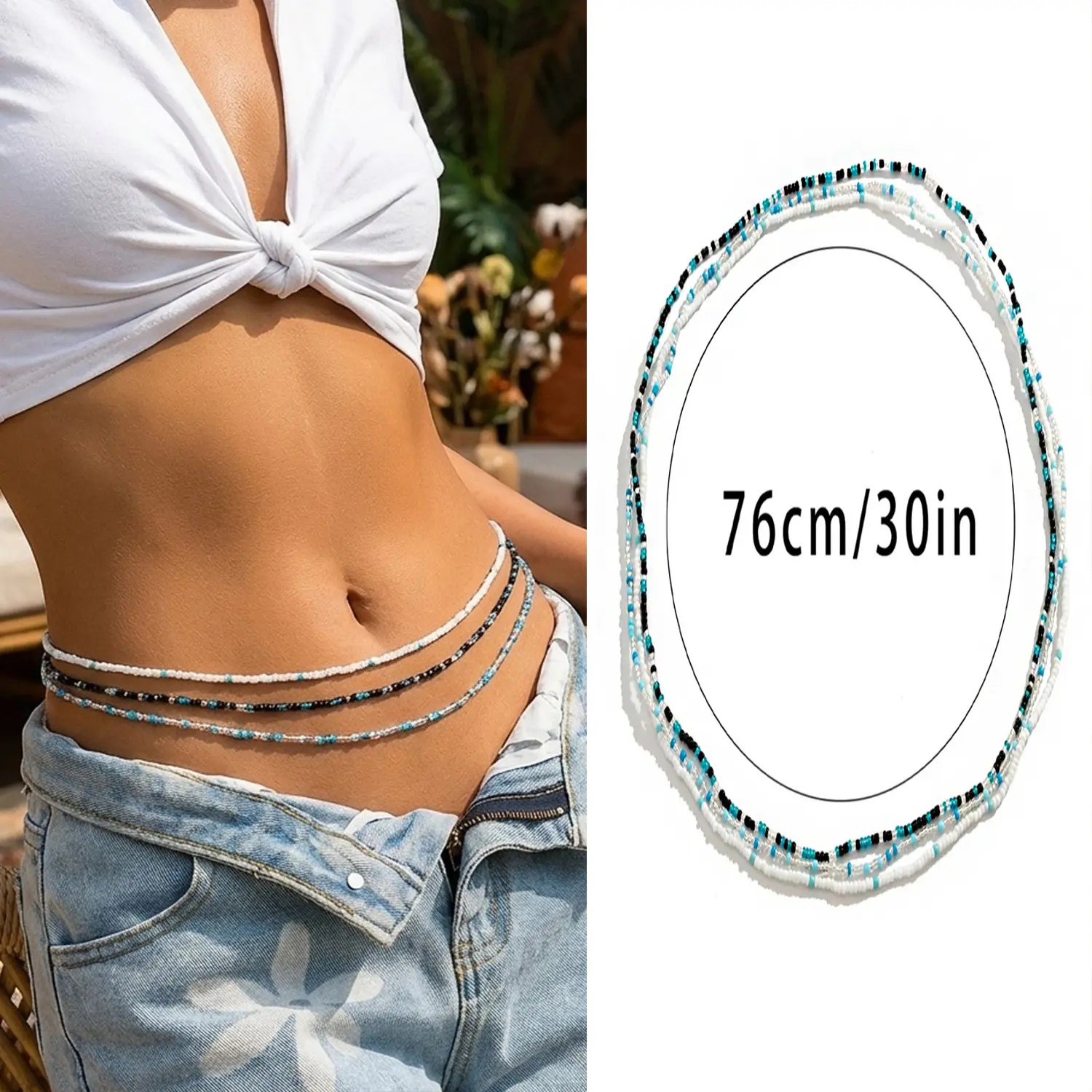 3Pcs/Set Summer Colorblock Beaded Waist Chain for Women, Boho Style Beaded Decorated Waist Chain, Beach Layered Seed Bead Belly Chain Bikini Body Jewelry