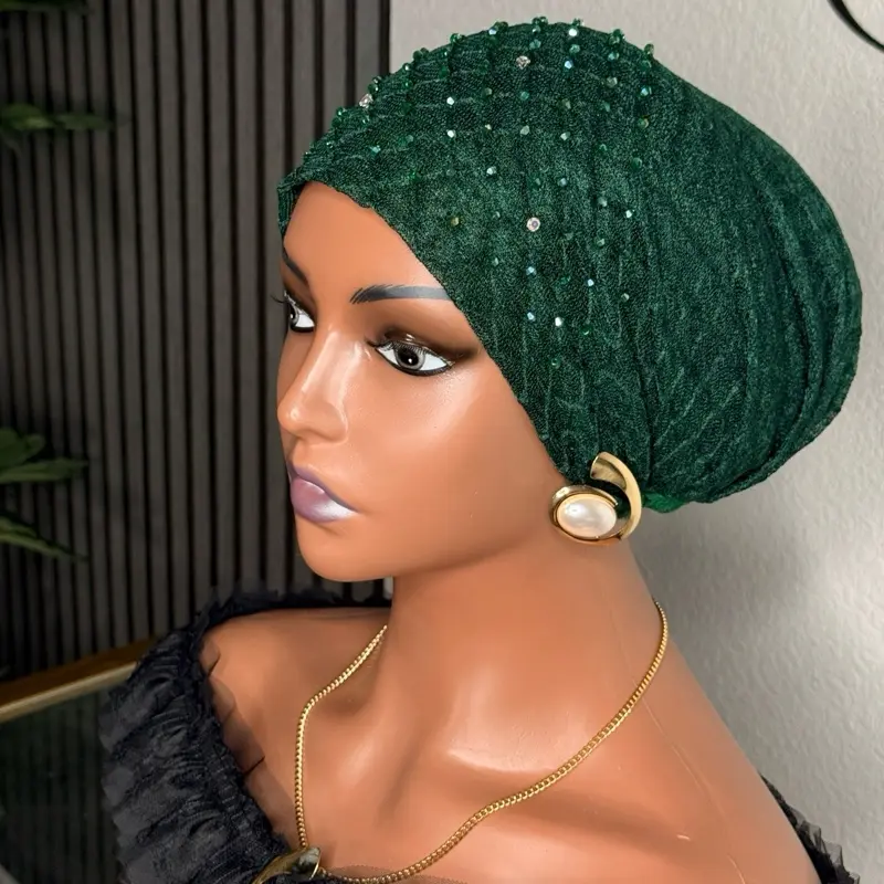 Soft and stretchy mesh Beaded Turban Cap