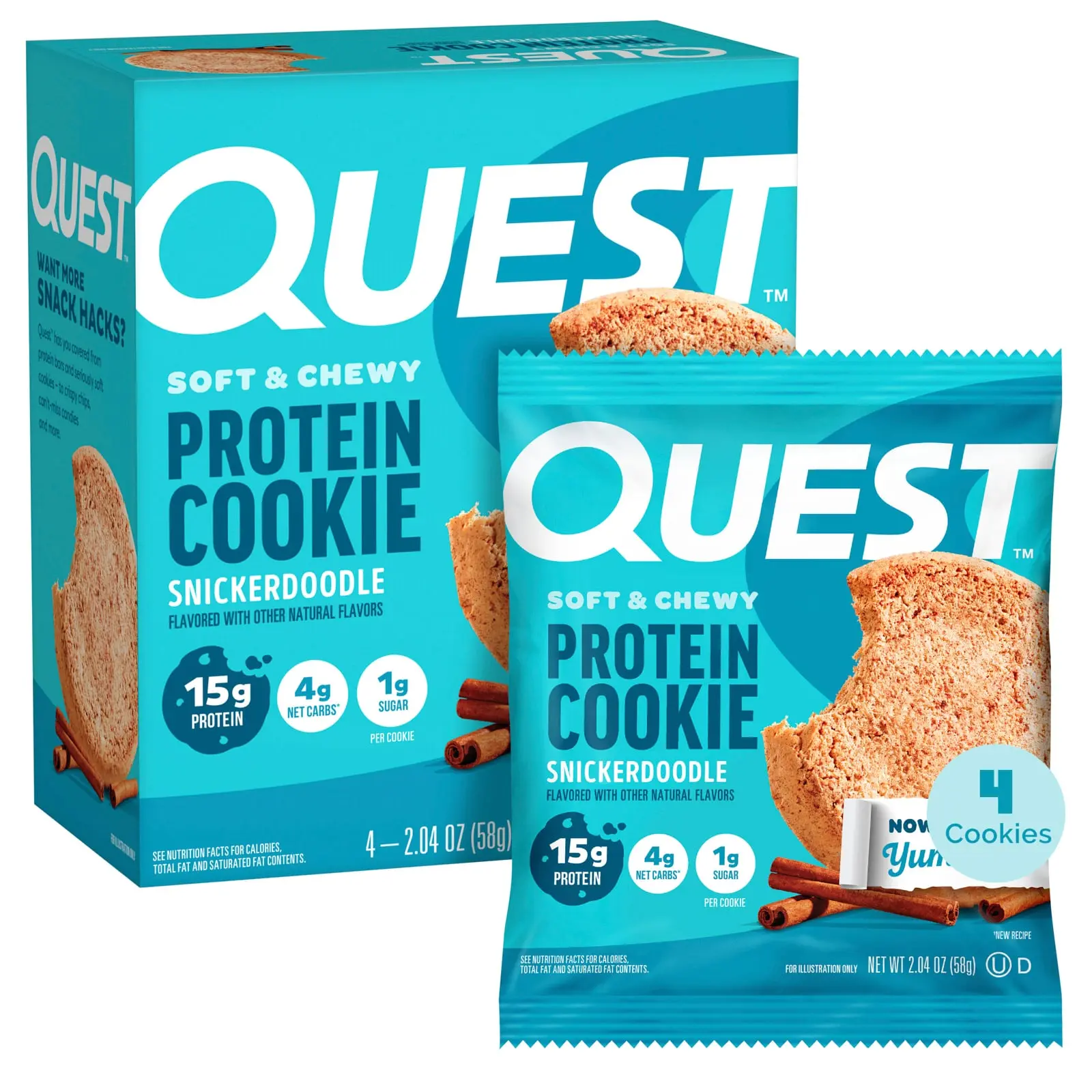 Quest Nutrition Protein Cookie, Snickerdoodle, 4 Cookies, 2.04 oz (58 g) Each Quest Nutrition Protein Cookie, Snickerdoodle, 4 Cookies, 2.04 oz (58 g) Each