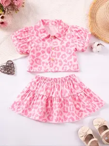 Two-Piece Set Toddler Girl's Leopard Print Short Sleeve Blouse & Belted Skirt Set, Cute Casual Collar Top & A-Line Skirt Outfit for Daily Wear, Kids Summer Clothes