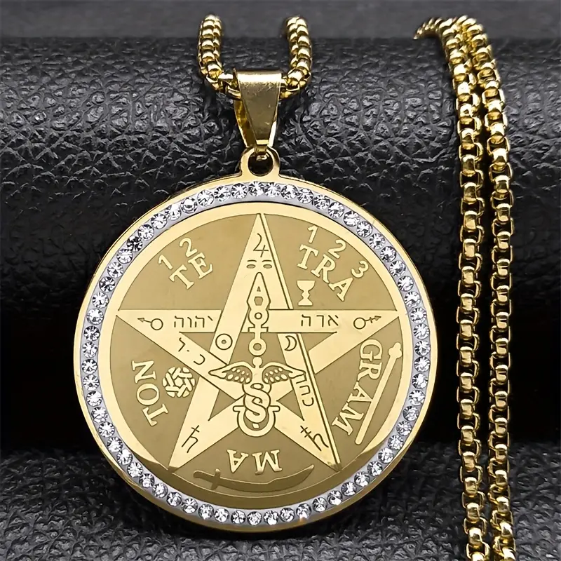2026 New Model 304 Stainless Steel Jewish Tetragrammaton Pentagram Amulet Necklace Hebrew YHWH Symbol with Pendant, Golden-Toned Chain for Men Women, Religious Jewelry Gift Israel Faith-Based christmas gifts gf