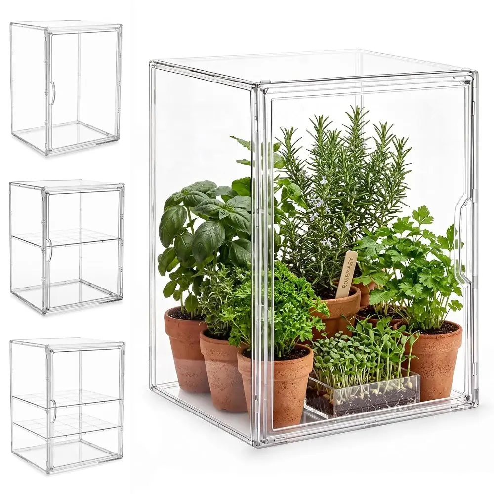 Transparent Magnetic-Door Acrylic Display Organiser, Super Large Stackable Plastic Storage Bin with Compartment Divider for Indoor Mini Greenhouse Use