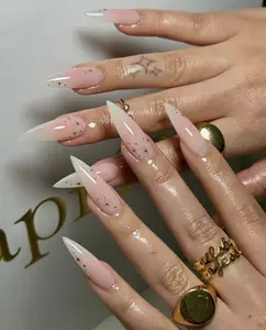 Celestial Star Press On Nails, Nude Pink Ombre Stiletto Nails, Gold Star Glossy Fake Nails, Milky White Pink Blush Nails, Luxury Elegant Nail Set