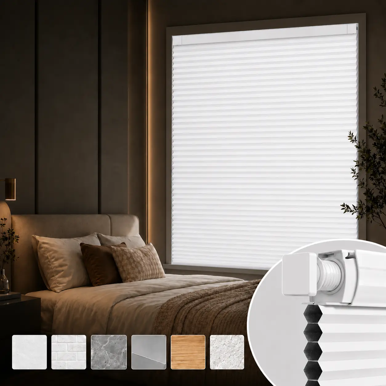 No Drill Cordless Cellular Shades, White & Gray Honeycomb Window Blinds, Light Filtering or Blackout Pleated Shades, Renter Friendly No Wall Damage, Baby Room Safe, Easy Install for Bedroom Living Room Apartment