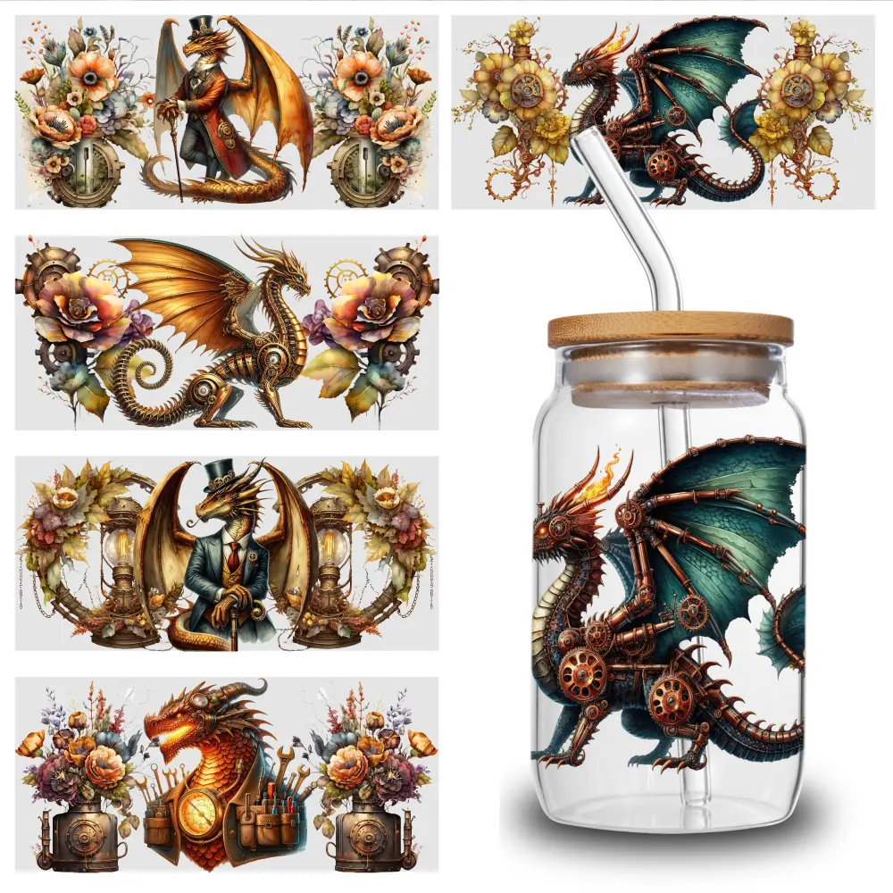 5 Sheets Steampunk Dragon uv dtf transfer sticker Peonies Mug Decoration Gift Faithful Symbols Hopeful Quotes Glass DTF Transfer Stickers Flowers series graffiti