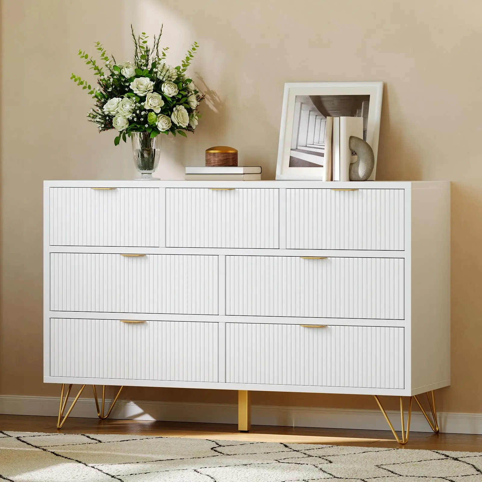 YJ-Garvee 7 Drawer Dresser, 47.2" Wide Modern White Wooden Chest with Gold Metal Legs and Handles,Anti-tipping Design, Narrow Entryway Table Storage Organizer for Bedroom, Living Room, Hallway