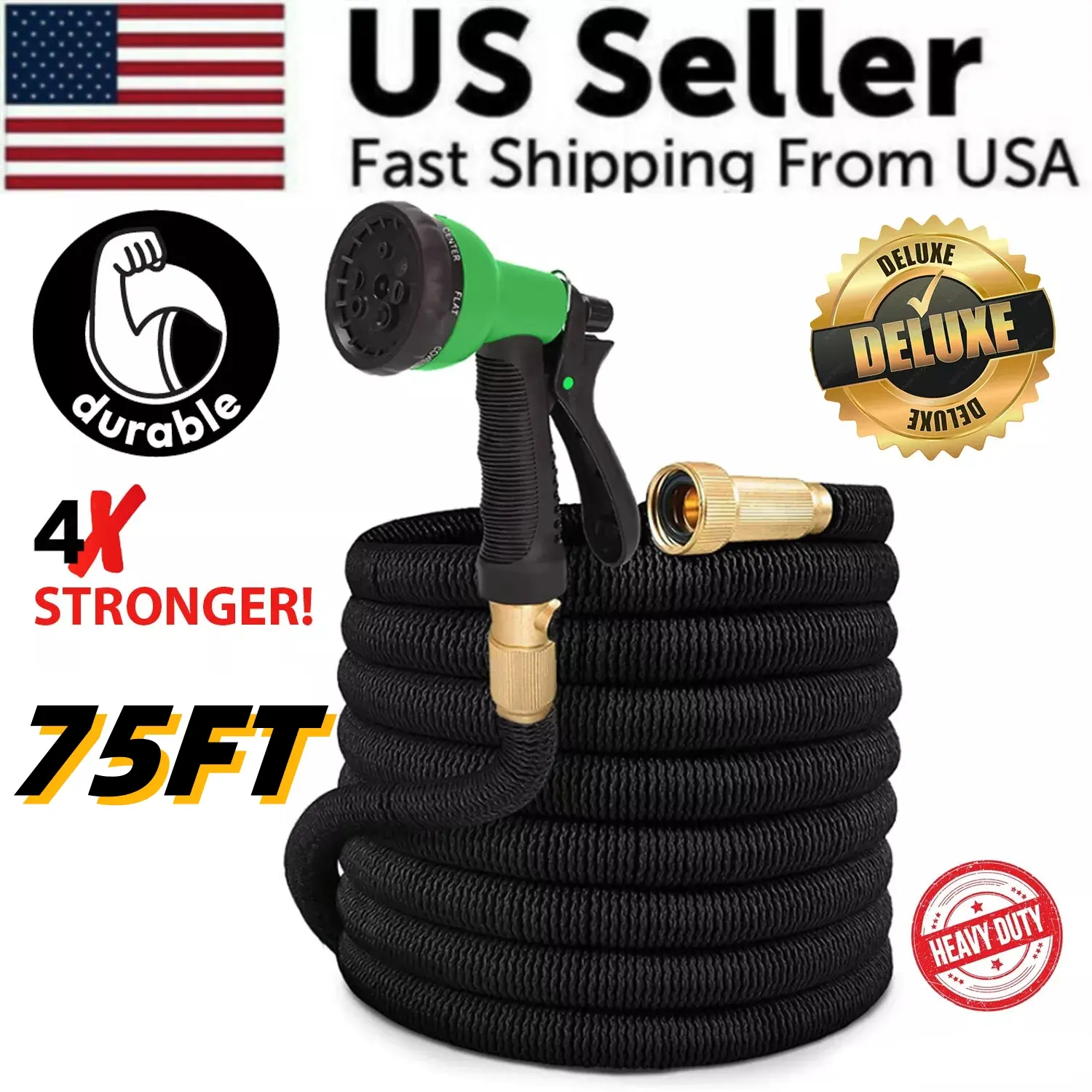 75FT Expandable Garden Hose, 2500D Anti-Kink Outdoor Watering Tool with 10-Function Nozzle, 3/4 Inch Solid Fittings, Kink-Free Tube for Garden Reels, No