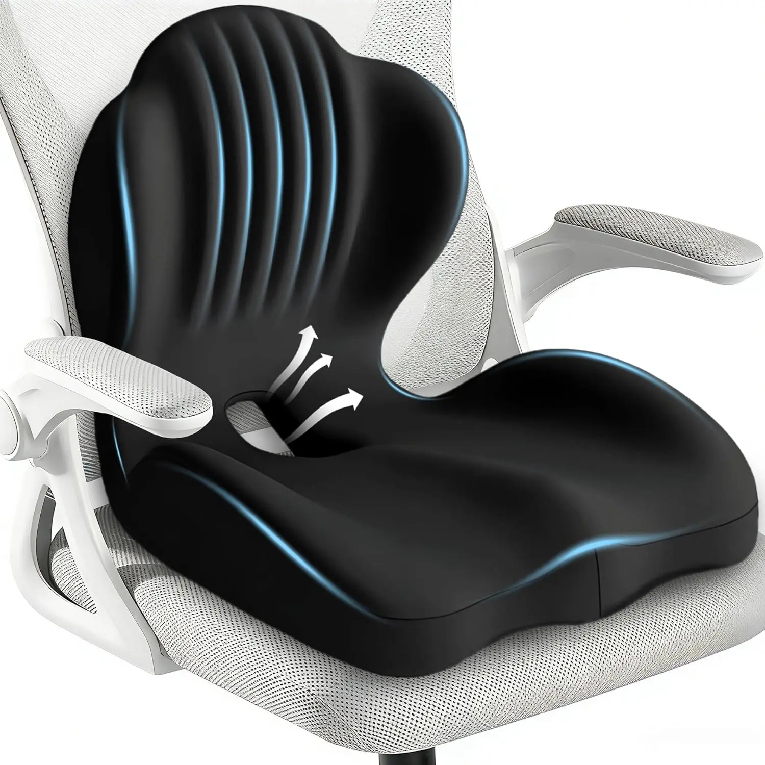 Ergonomic L-Shaped Padded Seat Cushion, Memory Foam Lumbar Support Pillow with Anti-Slip Silicone Base and Washable Cover, for Car, Office, Home and Gaming Chairs