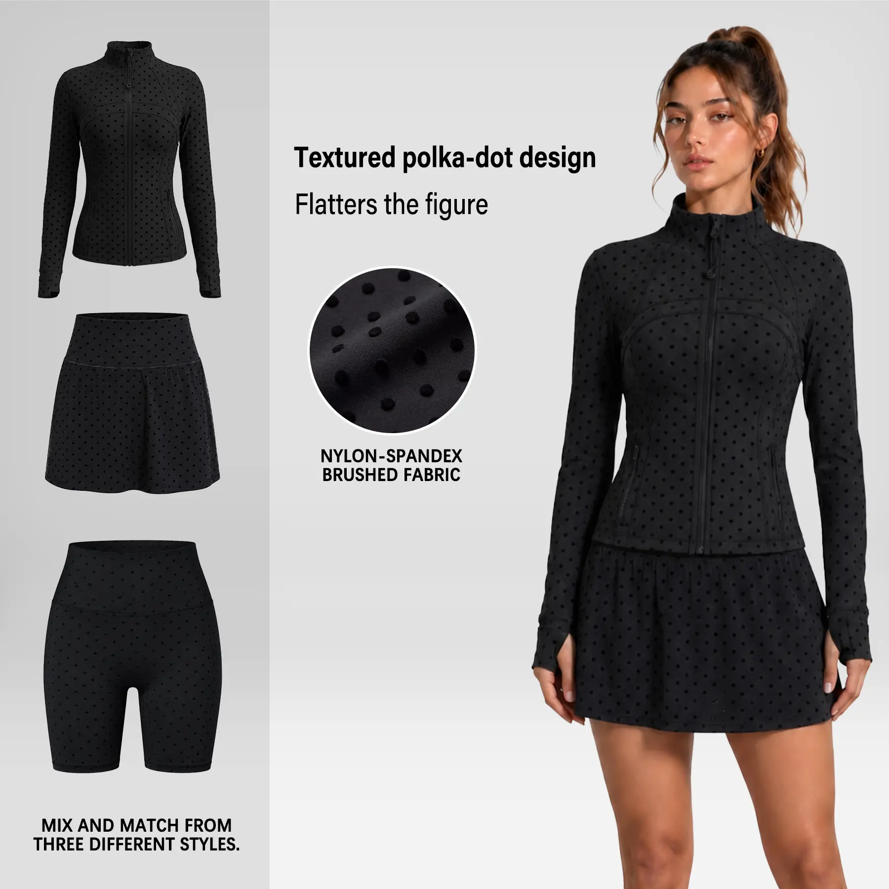 Women Summer Clothes Long Sleeve Zip Up Jacket, Stand Collar Polka Dot Textured Slim Fit Athletic Track Jacket Short skirt or Shorts, Nylon Spandex Brushed Fabric Stretchy Workout Outerwear For Yoga Gym Running Tennis Golf