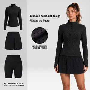 Women Summer Clothes Long Sleeve Zip Up Jacket, Stand Collar Polka Dot Textured Slim Fit Athletic Track Jacket Short skirt or Shorts, Nylon Spandex Brushed Fabric Stretchy Workout Outerwear For Yoga Gym Running Tennis Golf
