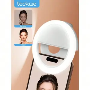 Teckwe Selfie Ring Light Rechargeable Portable Clip-On Selfie Fill Light 4 Levels Of Adjustment For Smart Phone Photography,Camera Video,Girl Makes Up Gifts,Must-Haves For Autumn And Winter Holiday Camping Holiday Essentials Vacation Accessories,Camping