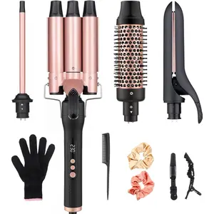 4 in 1 Curling Iron Curling Wand Set with Curling Brush, Flat Iron, Three Barrel Interchangeable Ceramic Barrels, Instant Heat Up, Dual Voltage Hair Curler, Include Glove