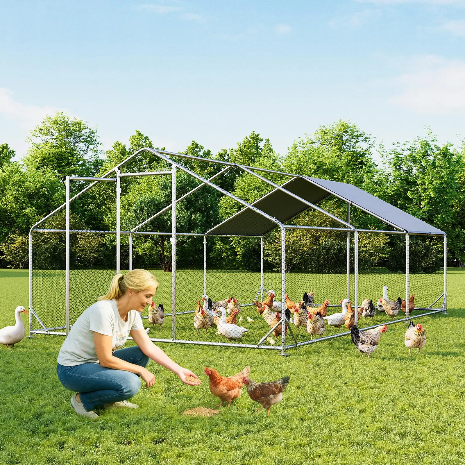 Large Walk-In Steel Chicken Coop with Cover & Spire Roof, Outdoor Poultry Enclosure with Security Lock, Spacious Shelter for Backyard Farm Chickens, Easy Access Design