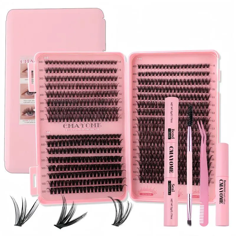 D Curl Lash Extension Kit with Individual False Eyelash Clusters, 32 Rows of 0.07mm Faux Mink Bunny Lashes in Mixed Lengths 9-16mm, Includes Bond, Seal, Remover & Tools, Cosmetic, Dramatic Lashes