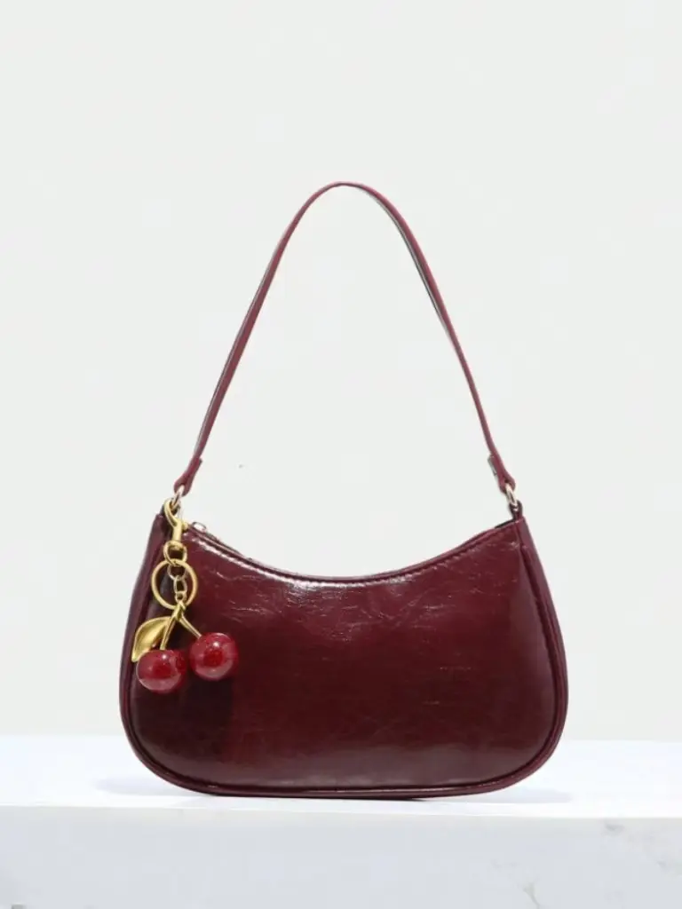 Women's Simple Style Plain Color Moon Shaped Shoulder Bag, Casual Trendy Novelty Pu Leather Handheld Bag, Fashionable Hobo Bag for Daily Use, Cherry Pendant