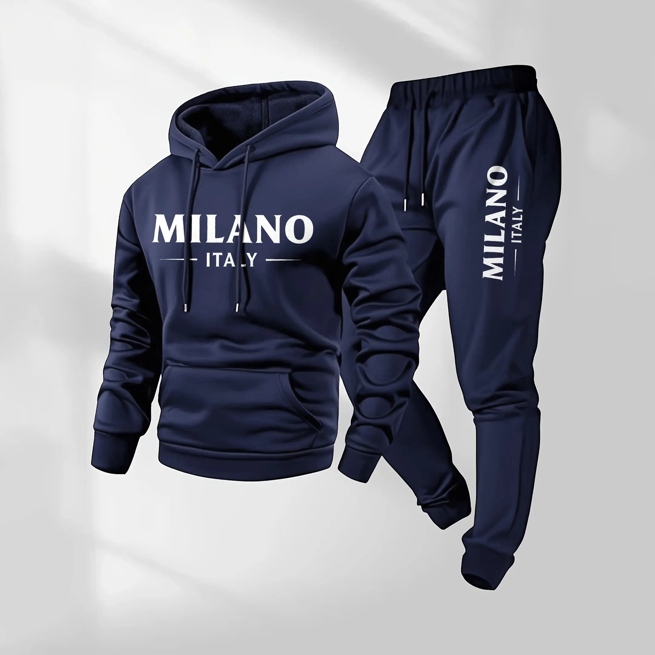 Men's 2 Piece Polyester Workout Set, Casual Autumn Tracksuit with Milan Letter Print, Long Sleeve Hoodie and Full Length Sweatpants, Fitness Clothes