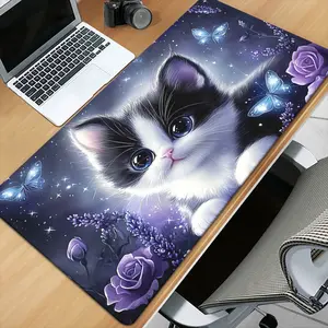 1 Cute Purple Rose Cat Mouse Pad, Gaming Keyboard Accessory Pad, Office Computer PC Gamer Desk Mat, Office Mouse Pad