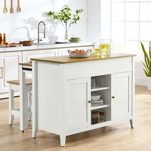 Modway Garland 3-Piece Kitchen Island and Stool Set in Oak White