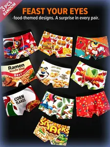 Men's Cartoon Graffiti Print Boxer Briefs, Random 3-Pack, Trendy Underwear for Snack Lovers, European and American Style, Menswear