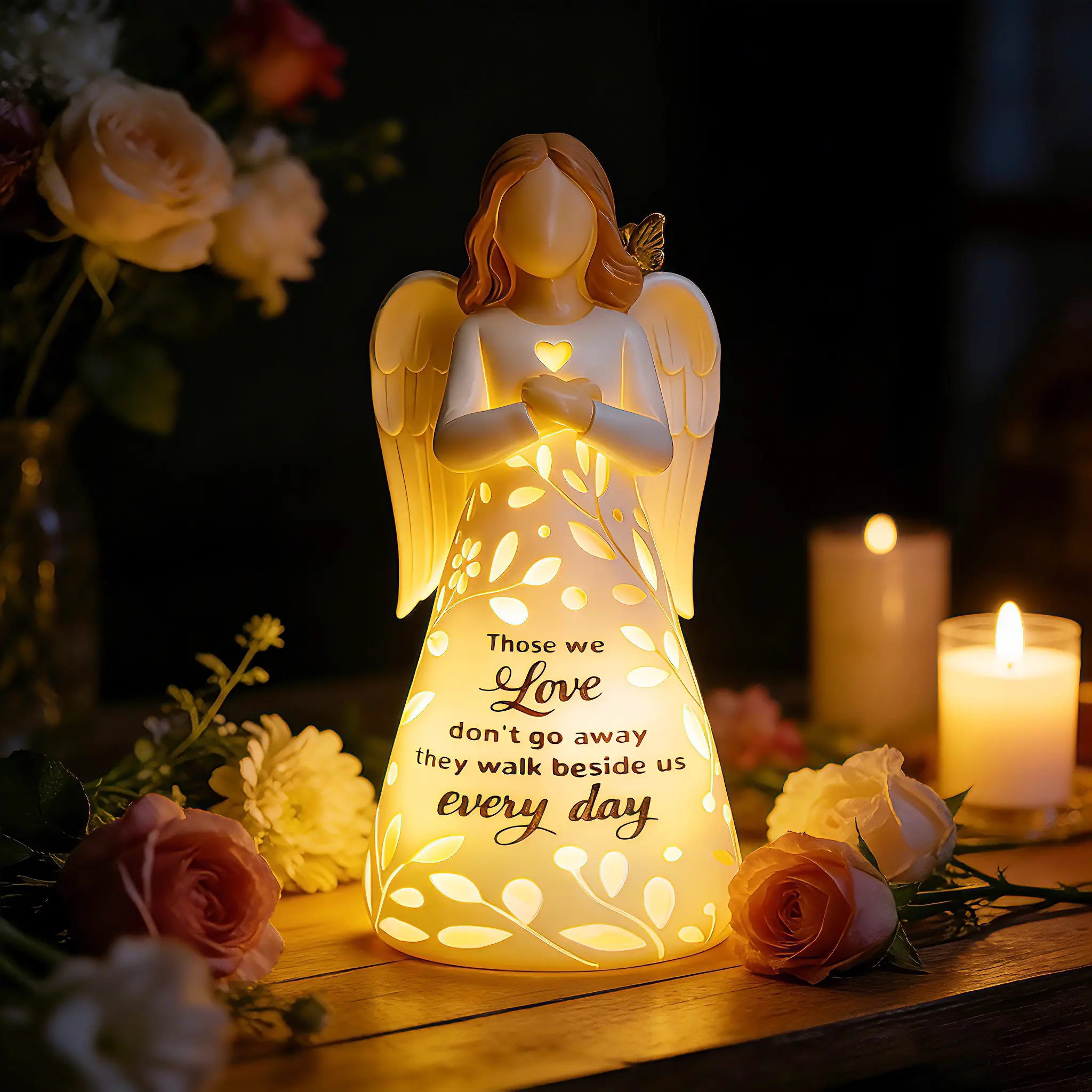 Light-Up Guardian Angel Figurine - High-Quality Resin Home Decor Statue with Remote, 3 Brightness Levels, Memorial Gift for Grieving Friend, Remembrance, Adult Bedside Table Decor (No Batteries Included)