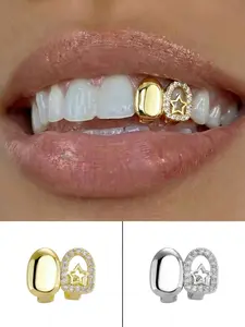 2 Pairs Hollow Star Rhinestone Grillz, Fashionable Plated Grillz for Men and Women, Hip Hop Style Accessory for Daily Wear