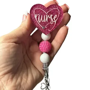 Candidly Heart Badge Reel - Nurse Stethoscope Charm, 2” Acrylic Heart, Metal Alligator Clip, 360-Degree Rotation, Hand Glittered Finish hospital worker