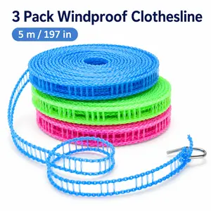 3 Pack Portable Travel Clothesline, 5m Adjustable Windproof Laundry Drying Line with Hooks for Camping, RV, Hotel, Dorm, Balcony & Home