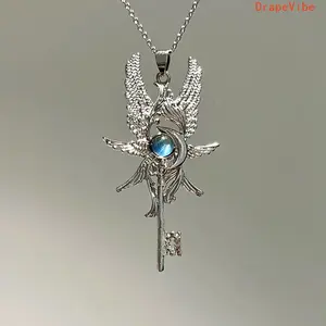 Vintage Moonstone Angel Wing Pendant Necklace Minimalist Trendy Stylish Daily Wear Jewelry Suitable For Unisex Men And Women