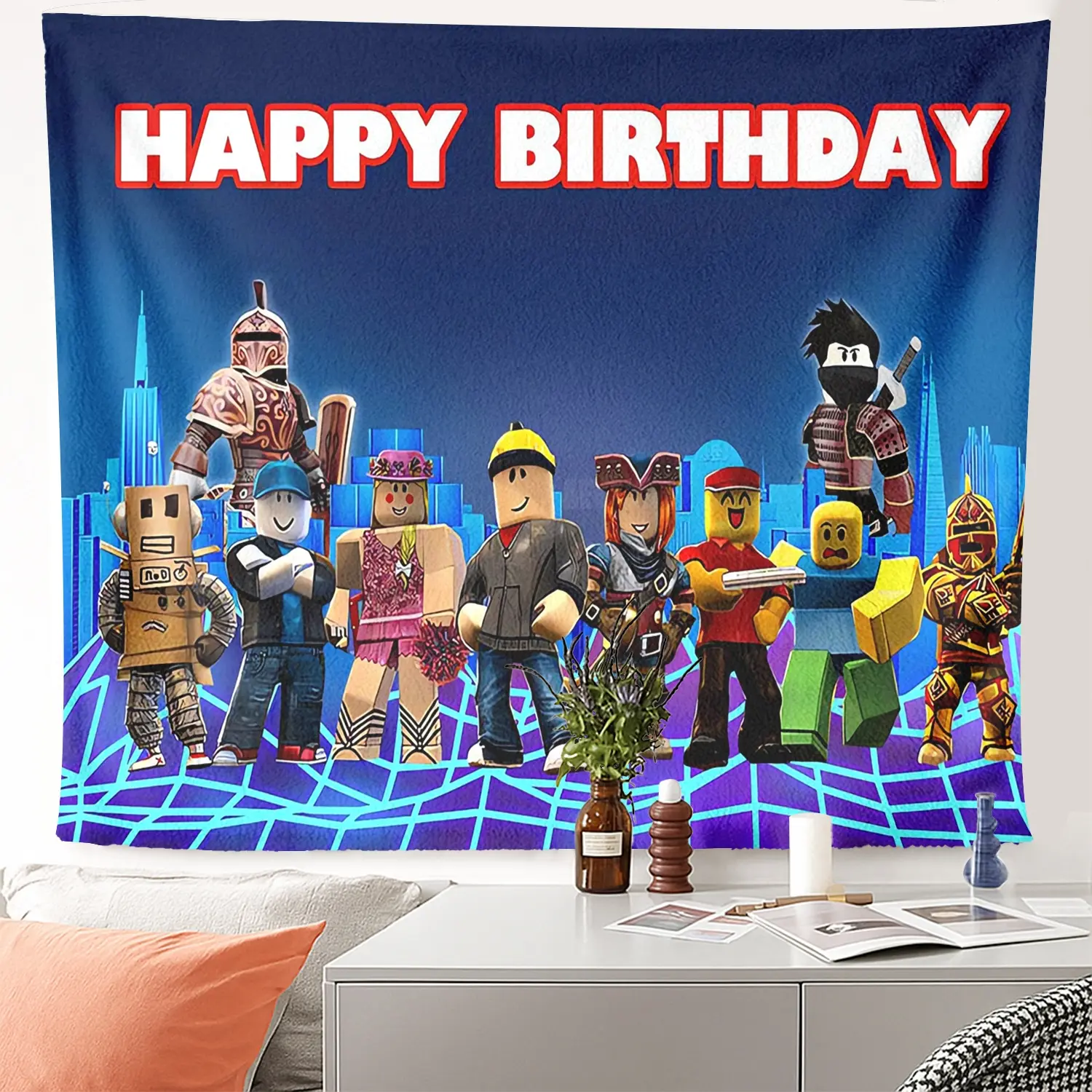 1pc Modern Mixed Colors Synthetic Roblox Happy Birthday Knit Tapestry - Vibrant Characters Decor, Large Polyester Wall Art for Gaming Room Party Backdrop, Wall Decor