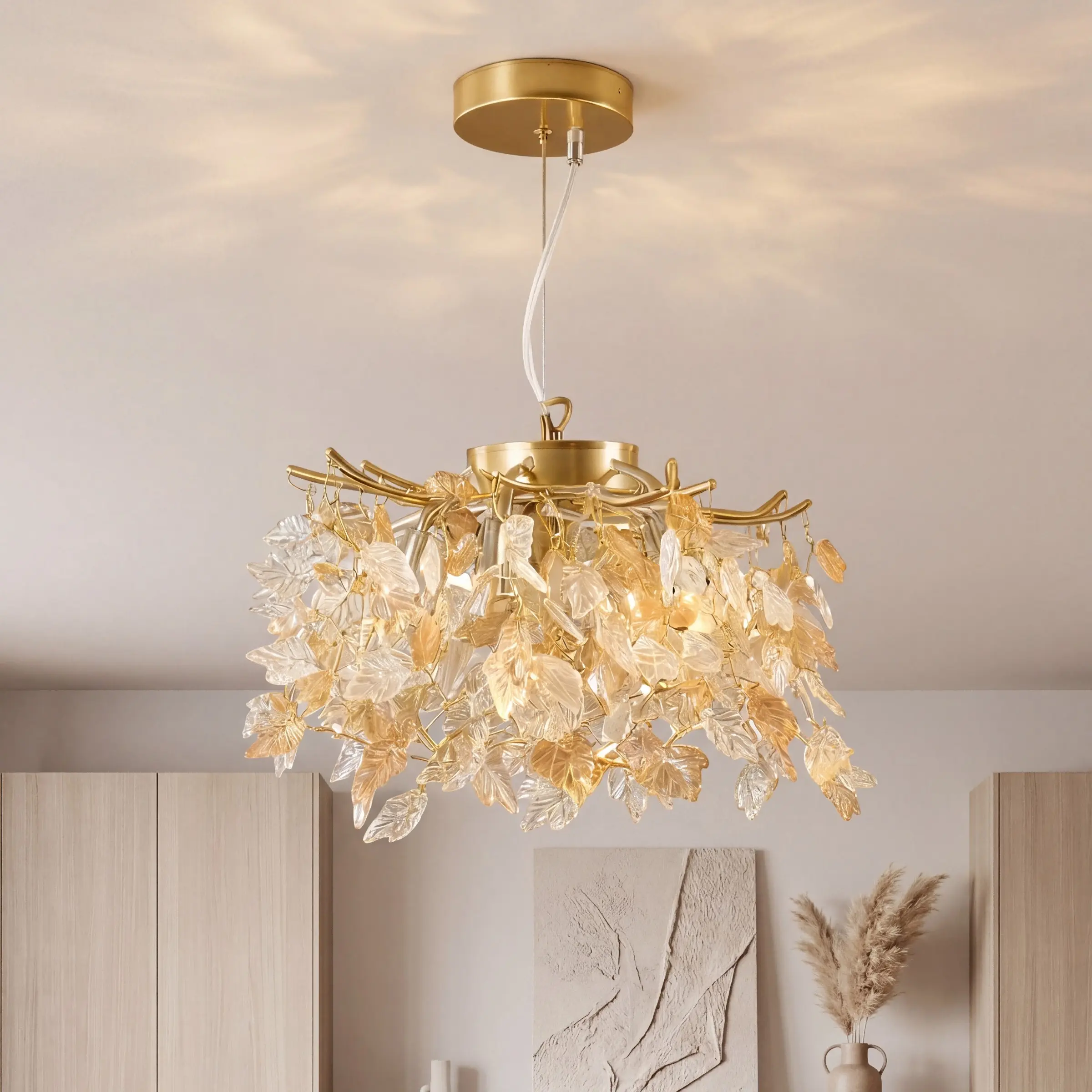 Modern Gold Crystal Mini Chandelier, Adjustable Pendant Light Fixture with Maple Leaf Crystal Design, G9 Base Ceiling Light, Indoor Decorative Light, for Hallway Foyer Staircase Dining Room Kitchen Island Closet Balcony Vanity Room, Bulbs Not Included
