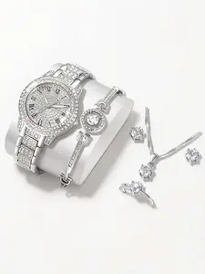 6-piece set of ladies' luxury watches, featuring crystal rhinestones, paired with a shiny stainless steel bracelet and quartz movement, suitable for formal attire