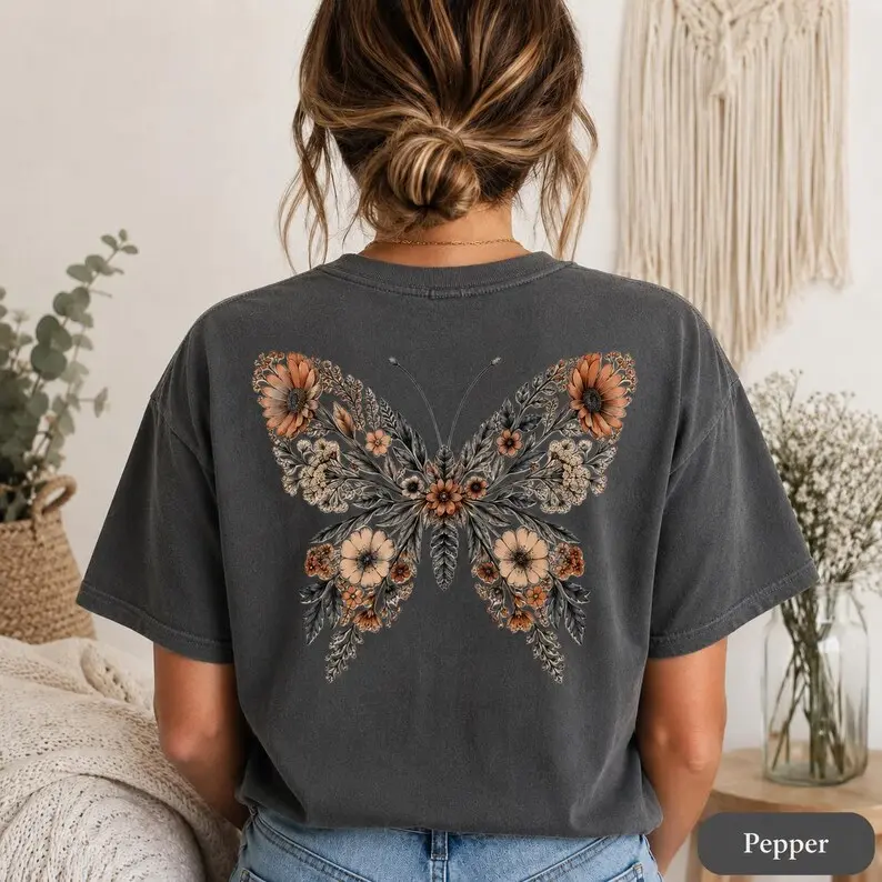 Comfort Colors Butterfly Back Print TShirt, Floral Butterfly Tee, Cottagecore Pressed Flower T-Shirt, Boho Nature TShirt