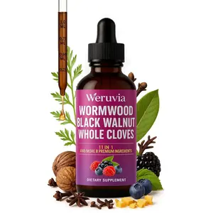 11-in-1 Black Walnut Artemisia Tincture Extract, containing whole cloves, berberine, and 8 other ingredients in a mixed berry flavor.