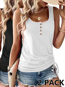 2026 Spring Summer Women's Henley Tank Top, U-Neck Sleeveless Top with Buttons, Ruched Drawstring Side Casual Slim Fit Tank Shirts for Daily Wear