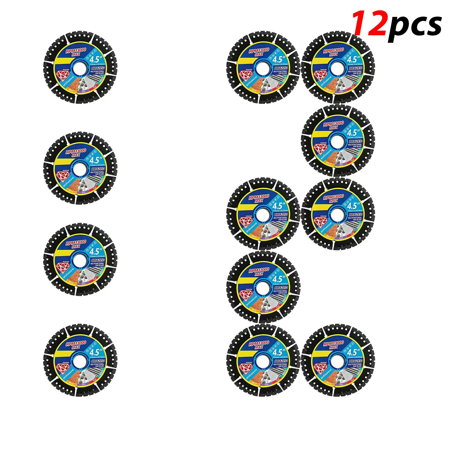 115mm 4.5-inch multi-material angle grinder cutting blades, available in 3-piece, 6-piece, and 12-piece multi-size sets, suitable for dry cutting, capable of cutting a variety of materials such as metal, tile, stone, plastic, cast iron, marble, and more.
