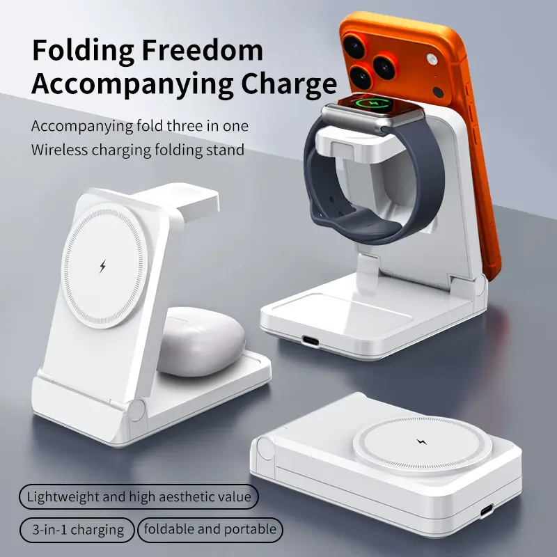 Magnetic 3-in-1 wireless charger and foldable phone stand; features a Type-C port and supports simultaneous charging for earbuds, smartphones, and smartwatches.