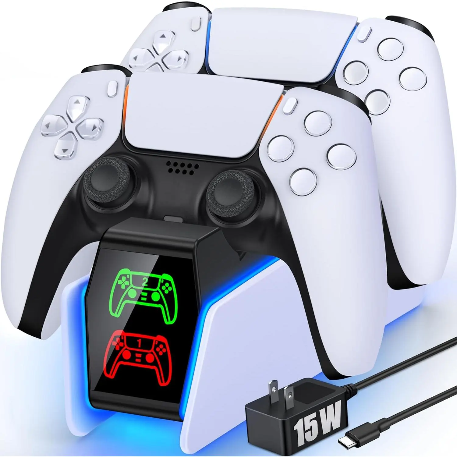 ESYWEN PS5 Controller Charger Station for PlayStation 5 Controllers with LED Light Dual Stand Charger Dock, PS5 Controller Charging Station Accessories for PlayStation 5 Storage Kit with AC Adapter