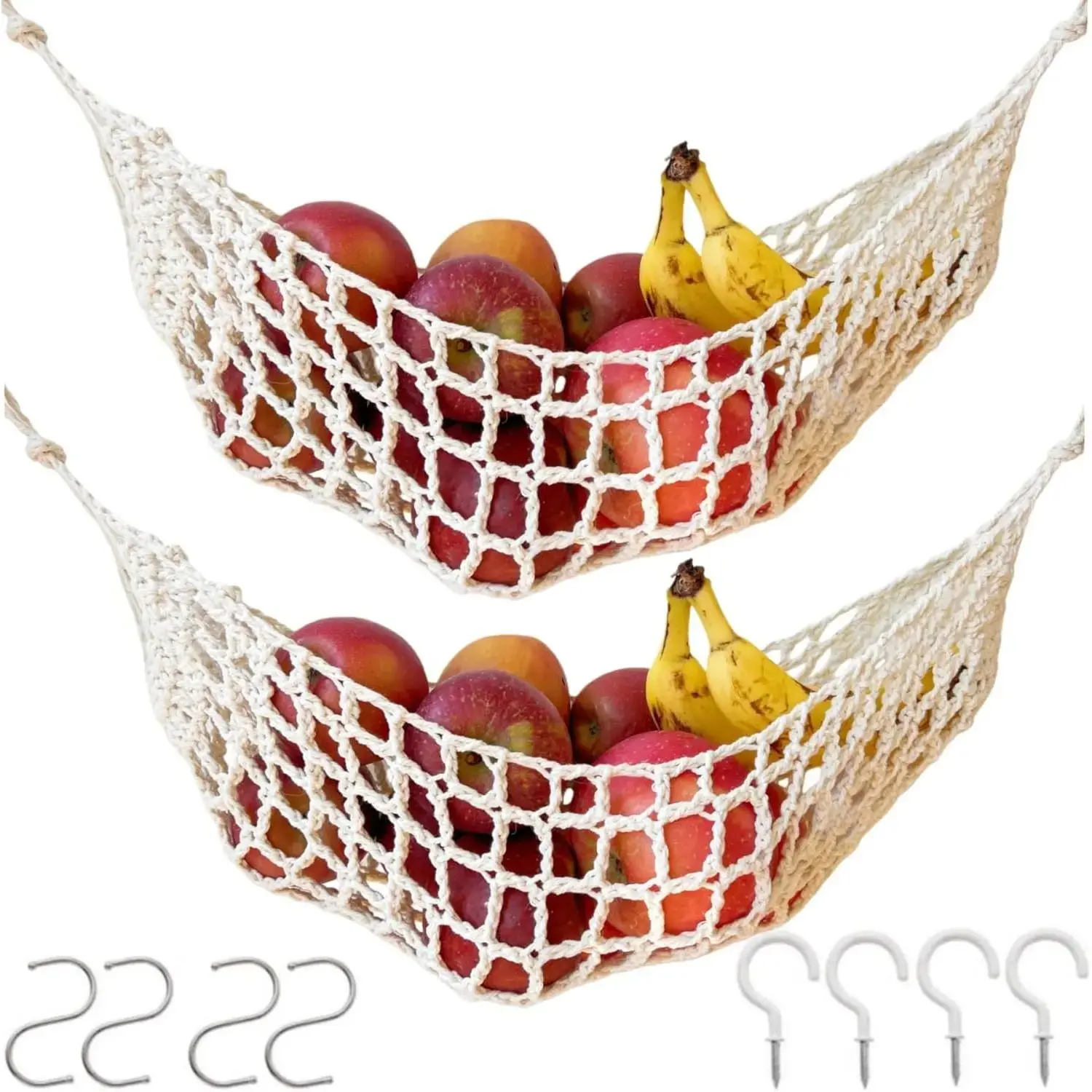 2-Pack Hand-Woven Macramé Hanging Basket Set with Hooks - Kitchen Fruit Storage, Under-Cabinet Veggie Banana Holder, Boho Home Organizer (Ivory), Two Piece Set