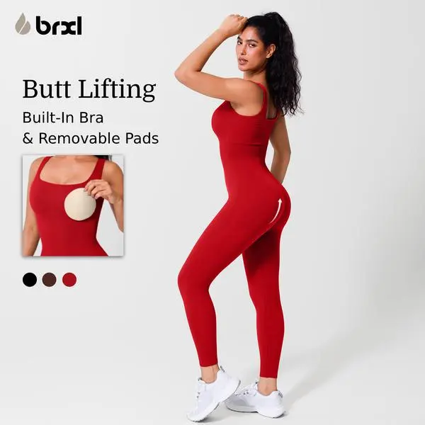 BRXL Women's Square Neck Ribbed Sleeveless Seamless Built-in Bra Solid Color Jumpsuit, Stretchable Stylish Activewear, Sportswear Jumpsuits with Tummy Control for Fitness Yoga, Casual Wear