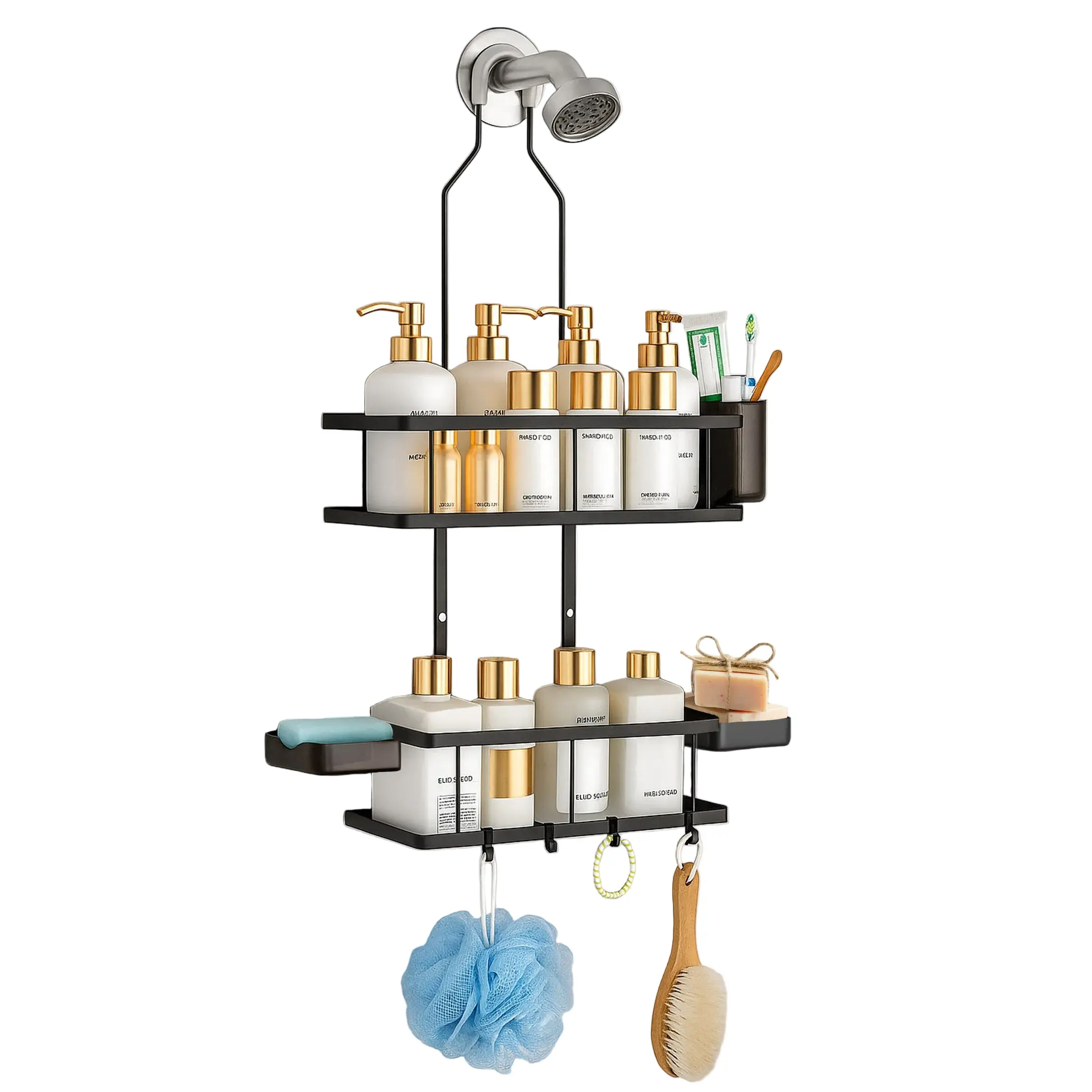 Sben Hanging Rustproof Shower Caddy with Soap Dishes and Toothbrush Holder – Space-Saving 5 Pack Bathroom Organizer, 4 Hooks for Easy Storage and Convenience (Black)