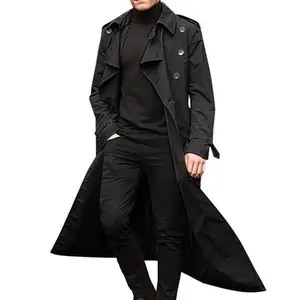 Men's overcoat, retro long trench coat, men's double-breasted jacket, black long, solid, windproof outerwear.