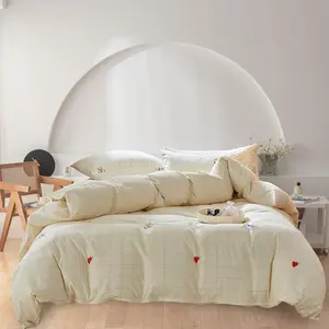 Plaid Duvet Cover Set Pure Cotton, Floral and Heart-Shaped Pattern Comforter Cover, 1 Full Size Quilt Cover and 2 Pillowcases, Soft Bed Set for Room Decor (No Comforter)