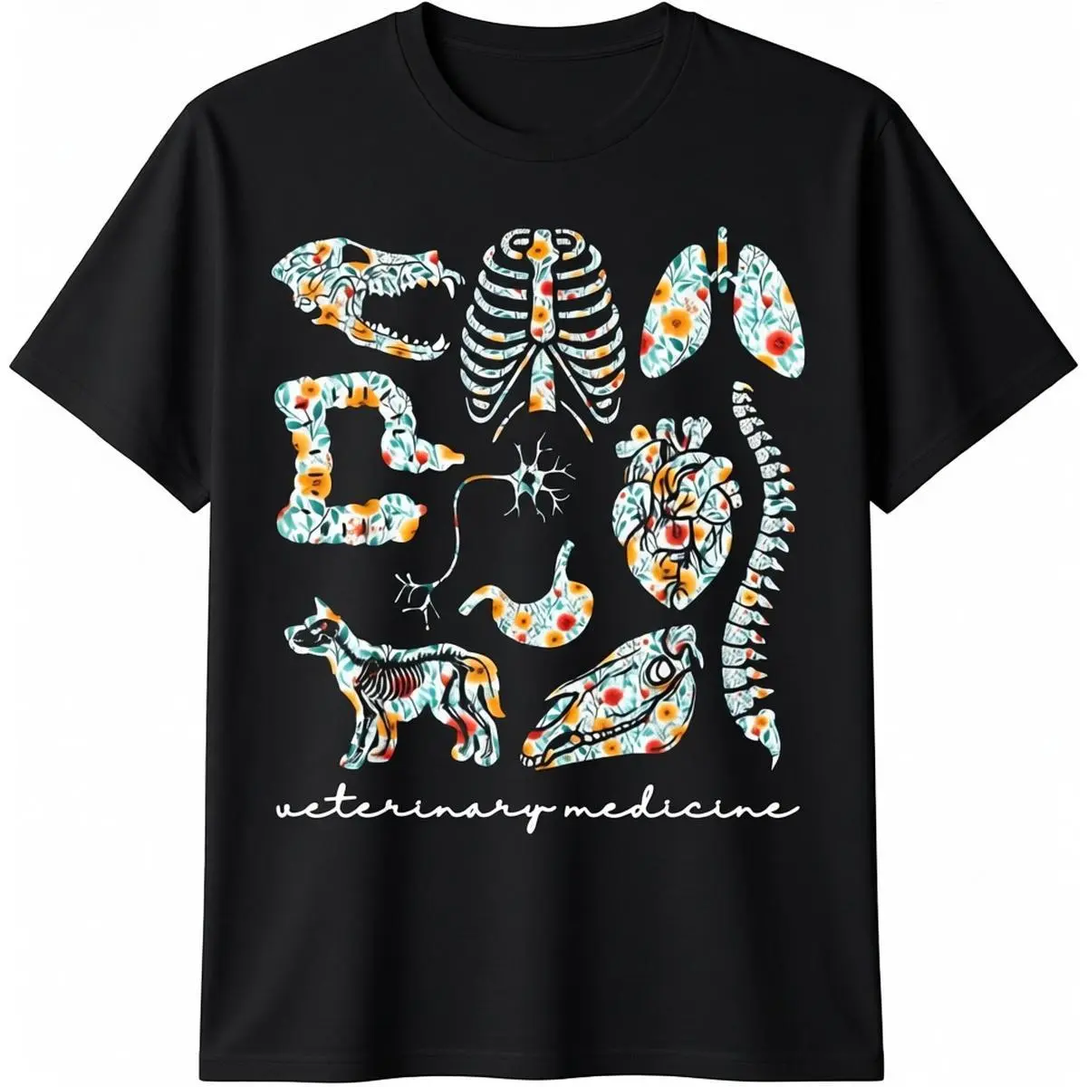 Men's Cotton Short-Sleeve T-Shirt - Cute Elegant Minimalist Floral Vet Anatomy Graphic, Machine Washable Club Streetwear Top for Vet Techs, All-Season Menswear