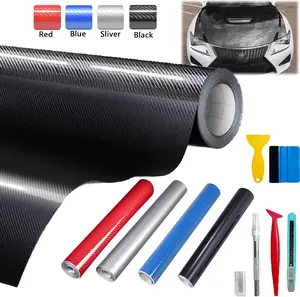 12" x 10FT / 30*300CM Gloss Carbon Fiber Car Wrap Vinyl Bubble Free Air Release Adhesive Car Wrap Film Roll Automotive DIY Decals With Installation Tools