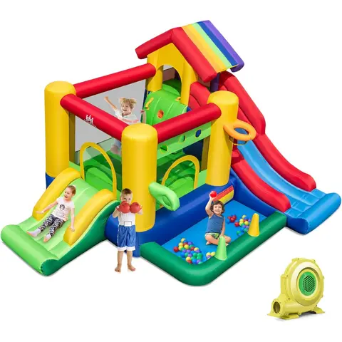 COSTZON Kiddie Inflatable Mini Bouncy Castle with Slide, Backyard Outdoor Playset, 151.5"x90.5"x128", 300 lbs Weight Capacity, PVC Material, Included Blower, 50 Ocean Balls, Easy Deflation, Rainbow Design, Kids Gift, 50 X Ocean Balls, Encourages Coordinat