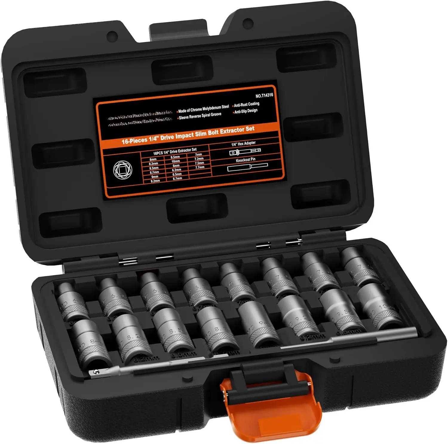16 count Deep Well Bolt Extractor Set, 1/4 Dr Impact Bolt & Nut Remover Set, Bolt Removal Set for Damaged, Rusted, Rounded-Off, Stripped Fasteners